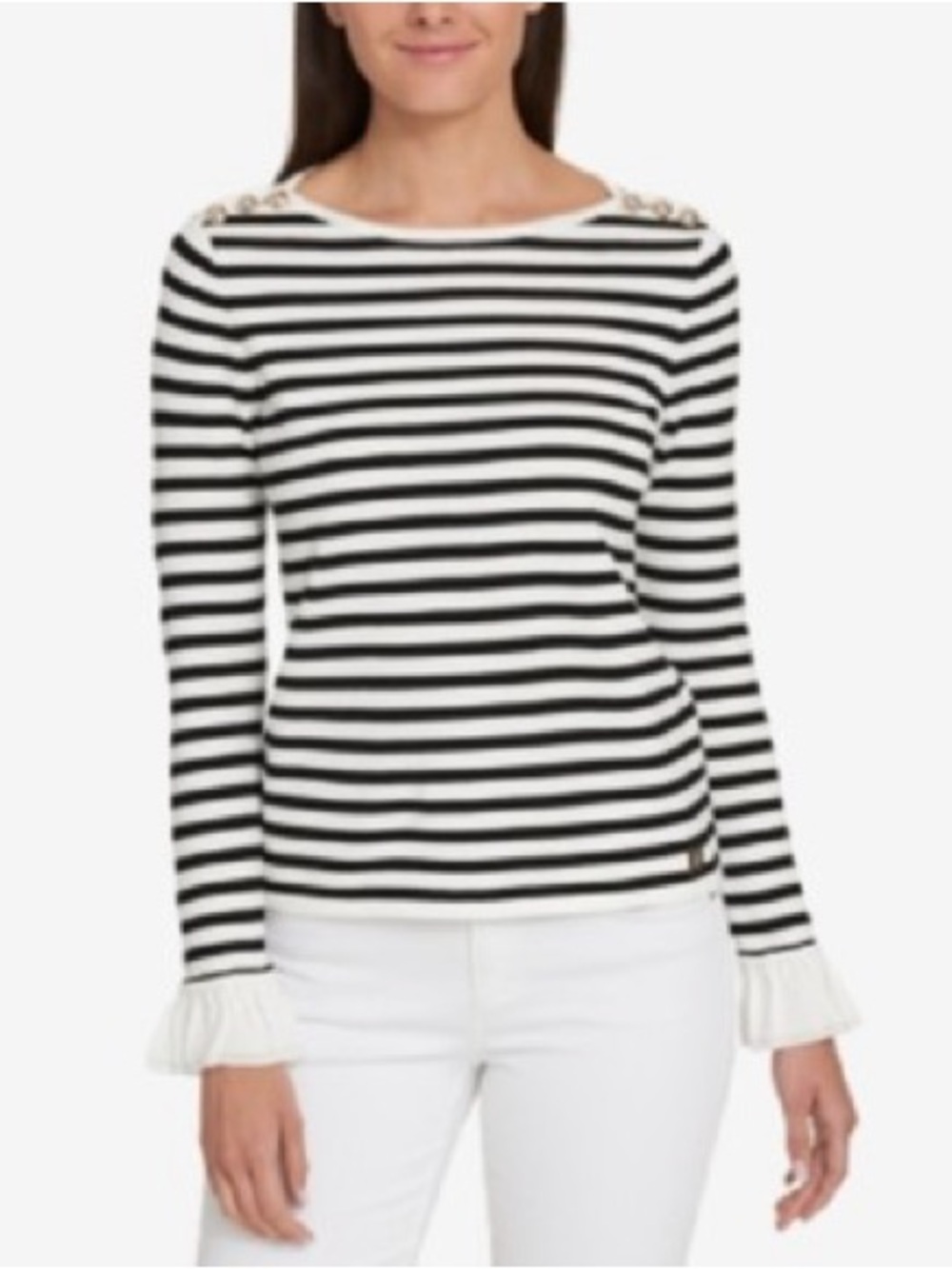 Tommy Hilfiger Boatneck Ruffle Cuff Black and Ecru Striped Top Size XS